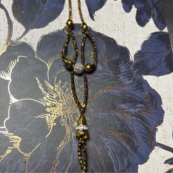 Estate Y2K Brown Faceted AB and Rhinestone Beaded Double Layer Drop Necklace D2 - Picture 3 of 14